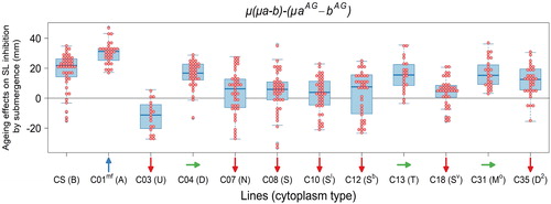 Figure 6. Ageing effects on shoot length inhibition by submergence in NC hybrids and CS. Ageing effects on shoot length inhibition were measured by μ(μa-b)-(μaAG-bAG) and pair-wise comparison between CS and NC hybrids were made by Steel test at the1% significance level. Variables a, aAG, b and bAG are described in Figure 3. Negative values indicate greater inhibition by submergence in aged seeds than in non-aged seeds. Arrows: upward (blue), downward (red) and sideway (green), respectively, indicate increase, decrease and no change compared with CS according to Steel–Dwass test at the 5% significant level [Citation41].