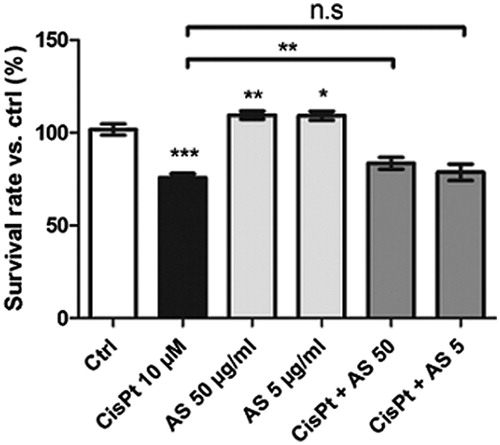 Figure 1. Cell survival rates estimated with resazurin assay after treatment for 48 h with 10 μM CisPt and/or 50 or 5 μg/ml AS. Results are displayed as means ± SD of four independent experiments (*p < 0.05; **p < 0.01; ***p < 0.001).