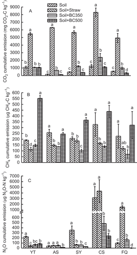 Figure 4 Cumulative emissions of (A) carbon dioxide (CO2), (B) methane (CH4), and (C) nitrous oxide (N2O) from five soils (YT, Yingtan; AS, Ansai; SY, Songyuan; CS, Changshu; and FQ, Fengqiu) with different treatments and 28 d incubation. Soil, Soil + Straw, Soil + BC350, and Soil + BC500 stand for soil only, soil + 5% rice (Oryza sativa L., cv.) straw, soil + 5% straw biochar produced at 350°C, and soil + 5% straw biochar produced at 500°C, respectively. C, carbon; N, nitrogen.