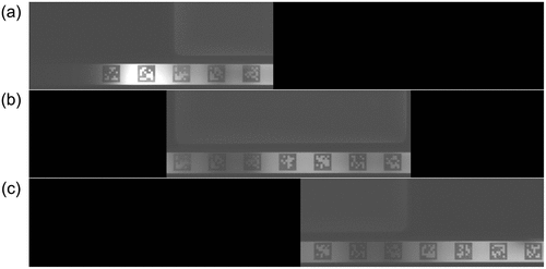 Figure 8. Lower half of shifted images with the referencing object containing the AprilTags; a.) Frame at the beginning of the recorded sequence; b.) Frame at the middle of the recorded sequence; c.) Frame at the end of the recorded sequence.