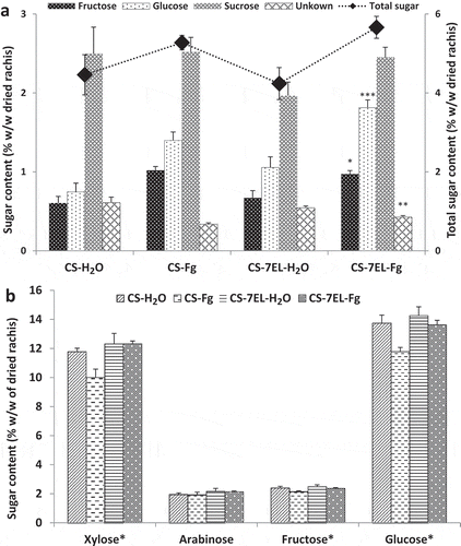 Fig. 2 (a) Free sugar profile of hot water fraction of wheat rachis, (b) Sugar composition of holocellulose fraction of wheat rachis samples. Values are means of four biological replications, error bars are SE, and * represents the significant differences for that series (* P < 0.05, ** P < 0.001, *** P < 0.0001). CS-H2O, mock-inoculated ‘Chinese Spring’ (CS); CS-Fg, Fusarium-inoculated CS; CS-7EL-H2O, mock-inoculated ‘Chinese Spring’ addition line CS-7EL; CS-7EL-Fg, Fusarium-inoculated CS-7EL.