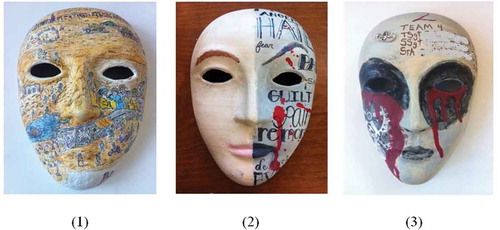 Figure 4. Masks with references to family, comrades killed in action: (1) a recreation of several scenes from deployment on the mask with a white patch with his family drawn in on the chin to represent how he felt the family “took the brunt” of his injuries, (2) reference to moral injuries including feelings of guilt and remorse surrounding wartime losses; (3) a memorial to comrades (names blurred for confidentiality) with tears of blood from the eyes and names of those killed or injured when he sustained his TBI.