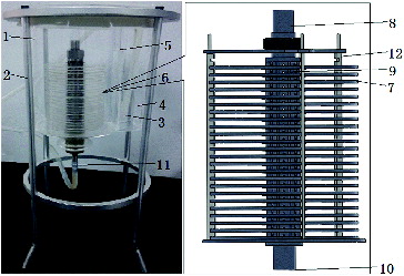 Figure 1. Prototype of the bioreactor with multilayer plates scaffold.Note: Perfusion tank (1), support of perfusion tank (2), silicon hose (3), buffer chamber (4), baffle (5), multilayer plate scaffold (6), circular plate (7), draft tube (8), deflector hole (9), outlet of draft tube (10), outlet pipe (11), support of plate (12).
