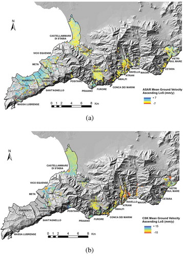 Figure 4. InSAR processing results on the entire Peninsula: (a) ASAR mean ground velocities map; (b) CSK mean ground velocities map.