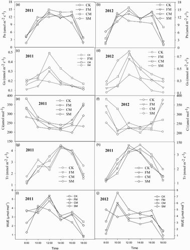 Figure 2. Diurnal changes of leaf gas-exchange parameters of hot pepper under different mulching practices in a greenhouse in 2011 and 2012 (Pn: photosynthetic rate; Gs: stomatal conductance; Ci: intercellular CO2 concentration; Tr: transpiration rate; WUE: water use efficiency; CK: un-mulched control; FM:plastic film mulch; CM: combined mulch with plastic film and wheat straw; SM: wheat straw mulch).