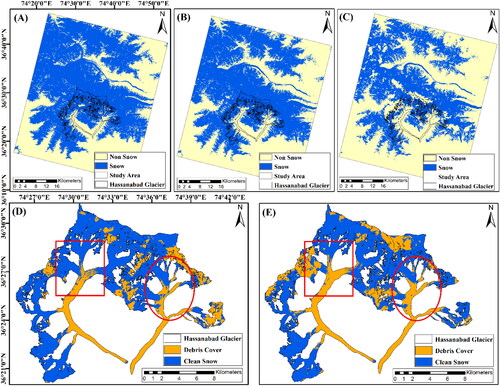 Figure 8. NDSI results showing snow coverages on (A) 17 April 2022 (1523.4 km2), (B) 2 May 2022 (1339.1 km2), (C) 10 May 2022 (989.6 km2) as well as debris cover within the glacial body on (D) 30 April 2022 (36.3 km2 accounting for 27.2%) and (E) 10 May 2022 (43.1 km2 accounting for 32.3%).