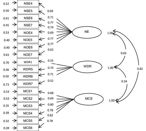 Figure 1 Confirmatory factor analysis of the 18 shame-proneness items (with standardized parameter estimates).