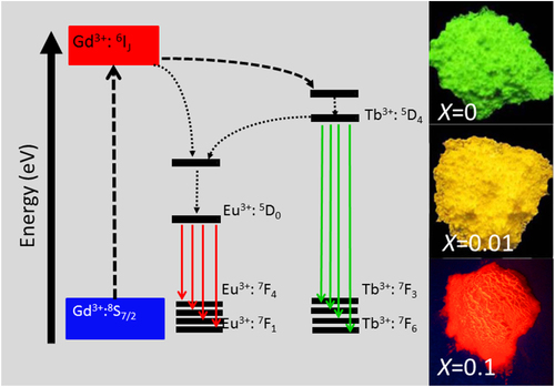 Figure 17. A scheme showing possible pathways of energy transfer (left) in the [(Gd0.8Lu0.2)0.9−xTb0.1Eux]AG phosphor and digital pictures (right) showing color-tunable emission through the energy transfer (excitation: 275 nm).