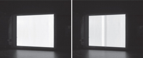 Figure 5. The luminance change caused by crease in the oblique direction in the dark room condition. No crease (left) and 100 µm crease (right).