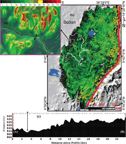 Figure 5. Zoom of slope map of the GERD location (a), slope map of the Nubian Block (b), and stream profile along the Nile River, showing a big depression with 20-m depth in front of the GERD site. The red line highlights the location of East Africa's Great Rift Valley.(To view this figure in colour, see the online version of the journal.)
