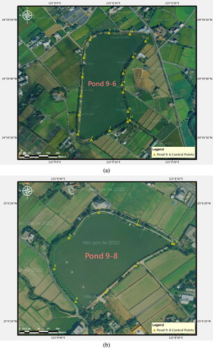 Figure 2. The Geographical location of the two ponds in this study: (a) Pond 9-6; (b) pond 9-8. The green triangle shows the ground control points around the ponds.