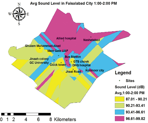 Figure 10. GIS map of average sound level data (1–2 pm).
