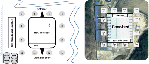 Figure 1. Experimental design about the mosquito study shows that 12 mosquito traps were installed around the cowshed. Each number in circle shows 12 Mos-hole traps around the cowshed. The distance of each trap was approximately 15 m and the distance from cattle shed wire border was about 5 m. Other environments around new cowshed were old, abandoned cowshed, used tires, small stream and water reservoir.