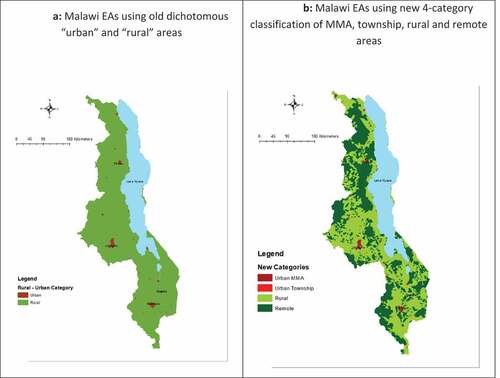 Figure 1. (a) Malawi EAs using old dichotomous “urban” and “rural” areas. (b) Malawi EAs using new four-category classification of MMA, township, rural, and remote areas.