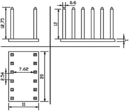 Figure 1. Needle-type multi electrode array (12 gold-plated needles arranged in 2 rows of 6 electrically connected needles).