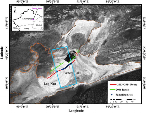 Figure 1. Field investigation routes and sampling site locations. A, B and C are the field routes in 2006 (green line); Ι and II are field routes in 2013 and 2014 (red line). Blue points represent sampling sites used in this study. The blue rectangle is the coverage of the full-polarization ALOS-PALSAR image analyzed in this paper. ALOS PALSAR image in HH polarization, ScanSAR mode, obtained in 2011 was used as a base map. Orange region means western lake and brown region is the eastern lake.