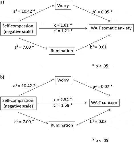 Figure 2. Mediation for the relation of self-compassion (negative scale) and WAI-T somatic anxiety (Figure 2a) and WAI-T concern (Figure 2b) and the possible mediators: rumination and worry. B values are reported