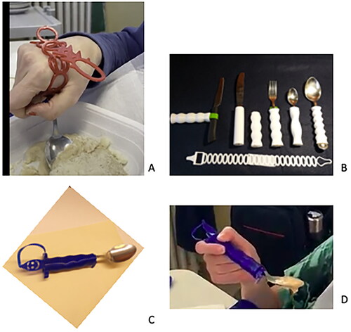 Figure 2. (A) The first iteration consists of an elastic strap of ovals that can be hinged to adjust the tightness and a piece for fixing the cutlery. (B) Intermediate iterations knife, fork, spoon/teaspoon handles, and the strap solution. (C) The final build up handle for a spoon. (D) A participant using her self produced device.