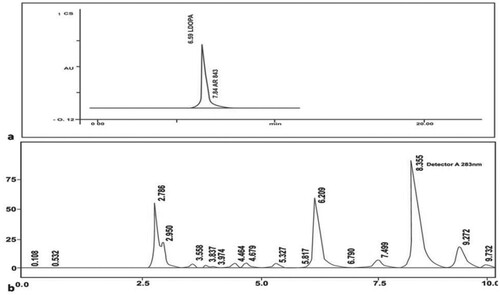 Figure 1. (a) HPLC chromatogram of standard levodopa; Retention time: 6.59, Area: 843 (b) HPLC chromatogram of MP extract; Retention time: 6.209, Area: 549771.