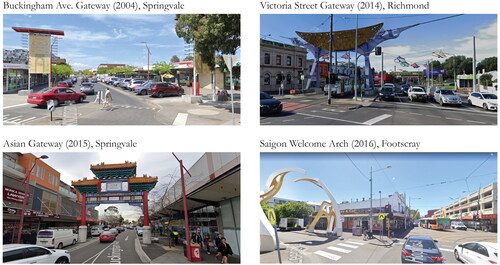 Figure 11. Gateways in Springvale, Footscray and Richmond. Google Street view. Image editing by authors.