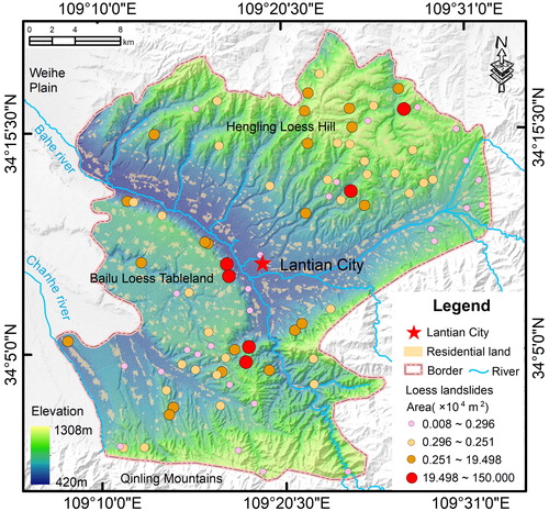 Figure 1. Location of the study area with elevation and drainage network information. Dots show the locations and sizes of the identified loess slides. Source: Haijun Qiu