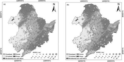 Figure 4. Spatial patterns of the RMSE of the (a) FSDM dataset and (b) WESTDC product from the validations against the observed SD data from 91 meteorological stations in Northeast China.
