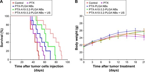 Figure 12 The analysis of survival curve and systemic toxicity in vivo.Notes: (A) Cumulative survival of tumor-bearing mice after receiving different formulations of PTX. (B) Changes in the body weight after treatment in various groups.Abbreviations: NBs, nanobubbles; PLGA, poly(lactide-co-glycolic acid); PTX, paclitaxel; US, ultrasound.