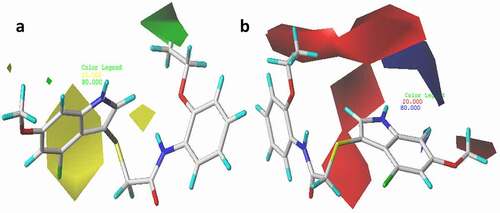 Figure 6. 3D fields of the CoMFA model for the most active compound (21), (a) green area depict desirable steric bulk while yellow area disfavor steric bulk, (b) blue region favors positive charge and red region favors negative charge.