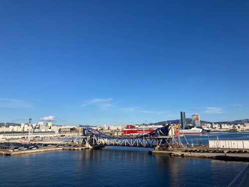 Figure 6. View of the cruise ship terminal and Euromediterranée from a ferry headed to Corsica. [Image courtesy of Muriel van Ruymbeke, April 2024].