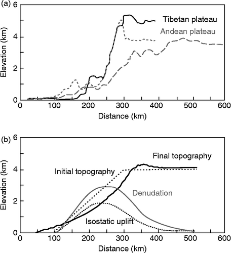 Figure 15 Topographic profiles across the edges of high orogenic plateaus from Masek et al. (Citation1994). (a) Average profiles, based on 100-km-wide swaths (Masek et al. Citation1994, Figure 3), adjusted to the same horizontal scale, across the Tibetan (solid line) and Andean (dashed lines) plateaus and oriented so that storms approach from the left as they did for the western margin of the Great Basin Altiplano. The upper Andean profile is for the northeast (Beni) part of the Altiplano and the lower for the southeastern (Pilcomayo) part. Note the topographic high on the lip of the plateau between its interior on the right and its sloping margin. (b) Results of numerical modelling show a representative initial topography and the final topography that results from the interaction of heavy orographic precipitation on the initial plateau slope and consequent erosional denudation and isostatic uplift.