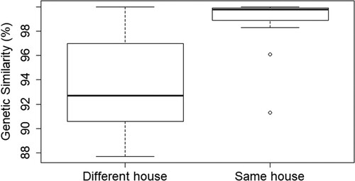 Figure 5. Boxplots representing the difference in mean genetic distance of LASV-sequences (100% = completely similar) obtained from M. natalensis captured in the same house or in different houses from the same village and year.