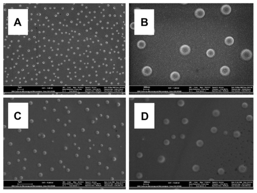 Figure 2 Field-emission scanning electron microscopy images of the unloaded and DNA-loaded pHEMA nanoparticles with the spherical particle morphology. (A) Unloaded pHEMA nanoparticles at low magnification (scale bar 1 μm) and (B) at high magnification (scale bar 200 nm); and (C) DNA-loaded pHEMA nanoparticles at low magnification (scale bar 1 μm) and (D) at high magnification (scale bar 200 nm).Figure 3 Atomic force microscopy profile images of the unloaded and DNA-loaded pHEMA nanoparticles with spherical particle morphology. (A) Unloaded pHEMA nanoparticles at low magnification and (B) at high magnification; and (C) DNA-loaded nanoparticles of pHEMA at low magnification and (D) at a higher magnification.Abbreviations: DNA, deoxyribonucleic acid; pHEMA, poly (2-hydroxyethyl methacrylate).Display full sizeAbbreviations: DNA, deoxyribonucleic acid; pHEMA, poly (2-hydroxyethyl methacrylate).