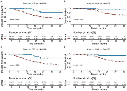 Figure 7 Kaplan-Meier survival analysis of DFS (A) and OS (B) between pCR and Non-pCR before inverse probability of treatment weighting; Kaplan-Meier survival analysis of DFS (C) and OS (D) between pCR and Non-pCR after inverse probability of treatment weighting.