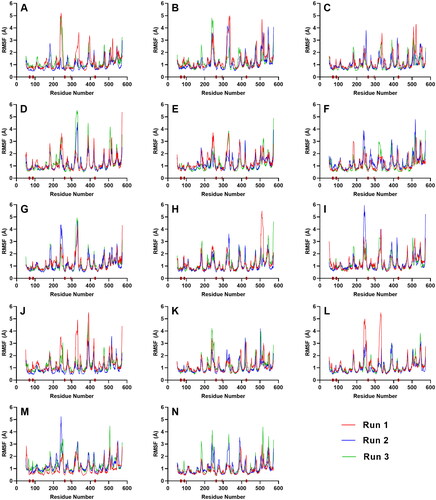 Figure 7. RMSF plot of the top five ligands and the three references docked against the binding site of SGLT-2. References: (A) CAN, (B) DAP, (C) EMP. Candidate ligands: (D) AST, (E) BET, (F) CAS, (G) CEN, (H) ISO, (I) MAA, (J) MAD, (K) MEB, (L) MYR, (M) QUE, (N) RUT. The brown bars in the x axis represent the location of critical residues including Gln 428, and the gate residues, Met 73, Tyr 263, Phe 424, and Tyr 87.