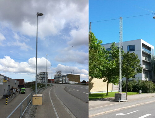 Figure 4. Camera setup for collection of video footage. Existing lighting poles were used where possible (left). Alternatively, a mobile pole (right, sites 3, 4, 6 and 7) was used to ensure a good camera position.