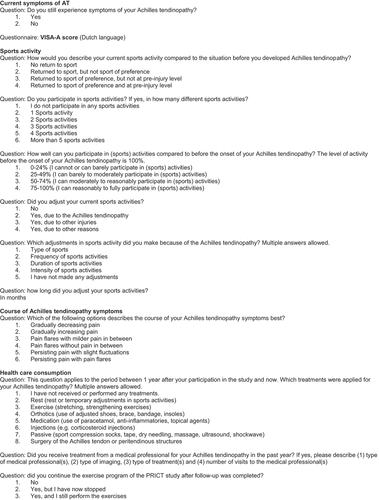 Figure 1. Five sections of the follow-up questionnaire with subdivided questions.