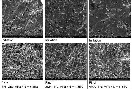Figure 11. Fatigue fracture surfaces of hybrid alloyed sintered steels, compacted at 700 MPa, sintered 60 min in N2-10% H2 at 1250 °C, gas quenched and tempered.