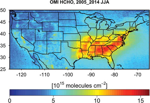 Figure 10. Formaldehyde total column density sampled June–August of 2005–2014 based on OMI satellite data illustrating spatial pattern similar to land based observations. (Courtesy, Lei Zhu and Daniel Jacob, Harvard University/NASA Air Quality Applied Science Team.)