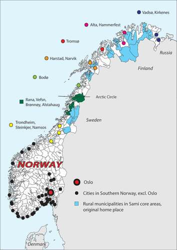 Figure 1. Map of study area of the survey From Rural to Urban Living, 2014. The figure shows the included places of origin (municipalities at the age of 15) and cities where participants currently live. The figure is designed for this paper by the main author and is used with permission from the Centre for Sami Health Research at UiT The Arctic University of Norway.