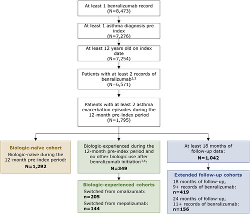 Figure 1. Sample selection diagram of patients in the biologic-naïve, biologic-experienced, and 18/24-month follow-up cohorts. 1The record for benralizumab occurring on the day before the index date was included in the count of benralizumab records. 2All patients included in the final sample had at least 1 encounter record every 12 months in the pre- and post-index periods. 3Biologics included dupilumab, mepolizumab, omalizumab, and reslizumab. 4Patients were considered biologic-experienced if they had a new prescription record during the 12-month pre-index period or a prescription record before the 12-month pre-index period with days of supply carrying into the pre-index period.