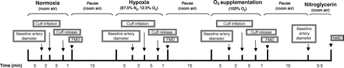 Figure 1.  Time line of the sequence of changes in inspired oxygen, flow-mediated dilation (FMD), and nitroglycerin-mediated dilation (NMD) for protocol 1 and each visit in protocol 2.