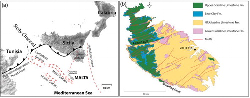 Figure 1. (a) Geodynamical setting redrawn from CitationGalea (2007) on a SRTM map (http://srtm.csi.cgiar.org); (b) Geological map of Malta (redrawn from CitationOED, 1993).