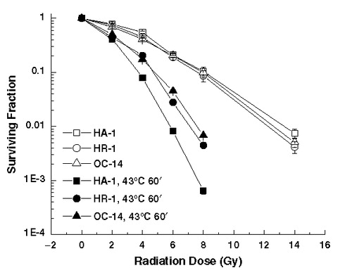 Figure 2. Heat induced radiosensitization at 43°C. Control (open symbols) and heated (43°C, 1 h) (closed symbols) HA-1 (circles), HR-1 (squares) and OC-14 (triangles) cells were exposed to increasing doses of ionizing radiation and clonogenic survival determined. Heating, irradiation and clonogenic survival assays were performed as described in Materials and methods. The figure represents the average of three independent experiments; the error bars represent ±1 SEM.