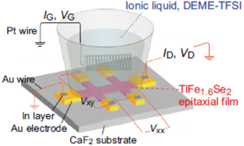 Figure 95. Schematic of the EDLT using TlFe1.6Se2 epitaxial film with a six-terminal Hall bar structure on a CaF2 substrate. VG was applied via a Pt counter electrode through the ionic liquid, DEME-TFSI, contained in a silica glass cup. Electrical contacts were formed using Au wires and In/Au pads. Reprinted with permission from [Citation464]. Copyright 2014 by the National Academy of Sciences.