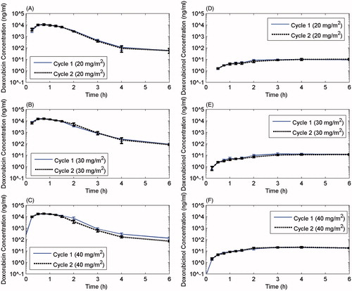 Figure 1. Pharmacokinetic profiles for cycles 1 and 2 at each dose level for doxorubicin and its cardiotoxic metabolite, doxorubicinol. The half-life of the drug was the same for cycle 1 and cycle 2 and was not dependent upon doxorubicin dose.