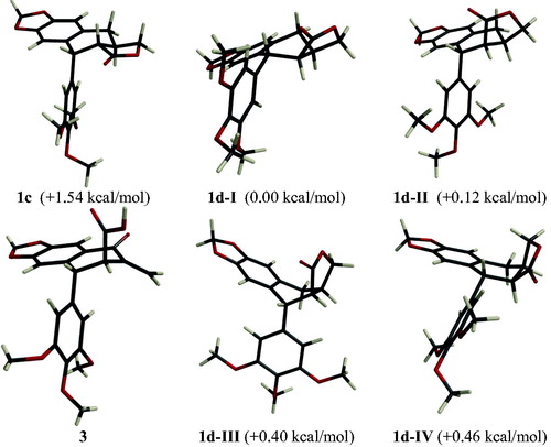 Figure 2.  Molecular models of deoxypodophyllotoxin (1d), deoxypicropodophyllotoxin (1d-I–IV), and thuriferic acid (3). In parentheses, the relative electronic energies obtained through RHF/6-31+G* calculation.