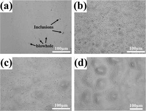 Figure 2. SEM images of (a) initial NiCoCrAlY alloy surface and (b–c) NiCoCrAlY alloy surfaces after (b) 5 and (c) 15 pulses. (d) Typical crater map after irradiation. (e–f) Typical grains and slip lines after 5 pulses.