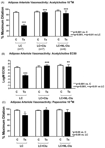 Figure 5. Human arteriole dilation response. A and B show response to acetylcholine with A showing maximum dilation response (10−4 M dose) and B showing EC50 values. Light chain treatment reduced dilator response to acetylcholine compared to baseline control. Co-treatment of LC with free CLU and PEGylated-nanoliposomal CLU (NL-CLU) restored dilator response to acetylcholine. Note that the y-axis of B is in inverse order. C shows response to papaverine. There was a modest reduction in dilator response in LC treated arterioles; LC co-treatment with free CLU or NL-CLU showed no significant difference with baseline control response. There was no significant difference in dilator response to acetylcholine or papaverine in arterioles treated with LC and NL-CLU versus LC and free CLU.