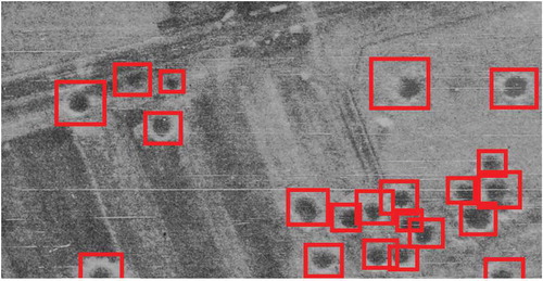 Figure 8. Results of automatic detection of bomb craters in historic wartime images using convolutional neural networks.