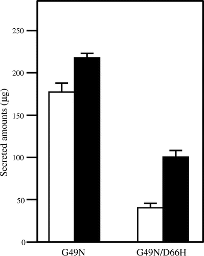 Fig. 3. Secretion of the c-Myc-tagged Mutant Lysozymes G49N and G49N/D66H Expressed in the Wild Type (white column) and CNE1-deficient (black column) S. cerevisiae.Note: Data are presented as mean ± standard deviation (n = 3).